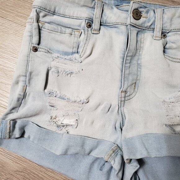 Aeropostale Hi Rise Midi cut off distressed ripped size 4 light blue jean shorts - Picture 4 of 6